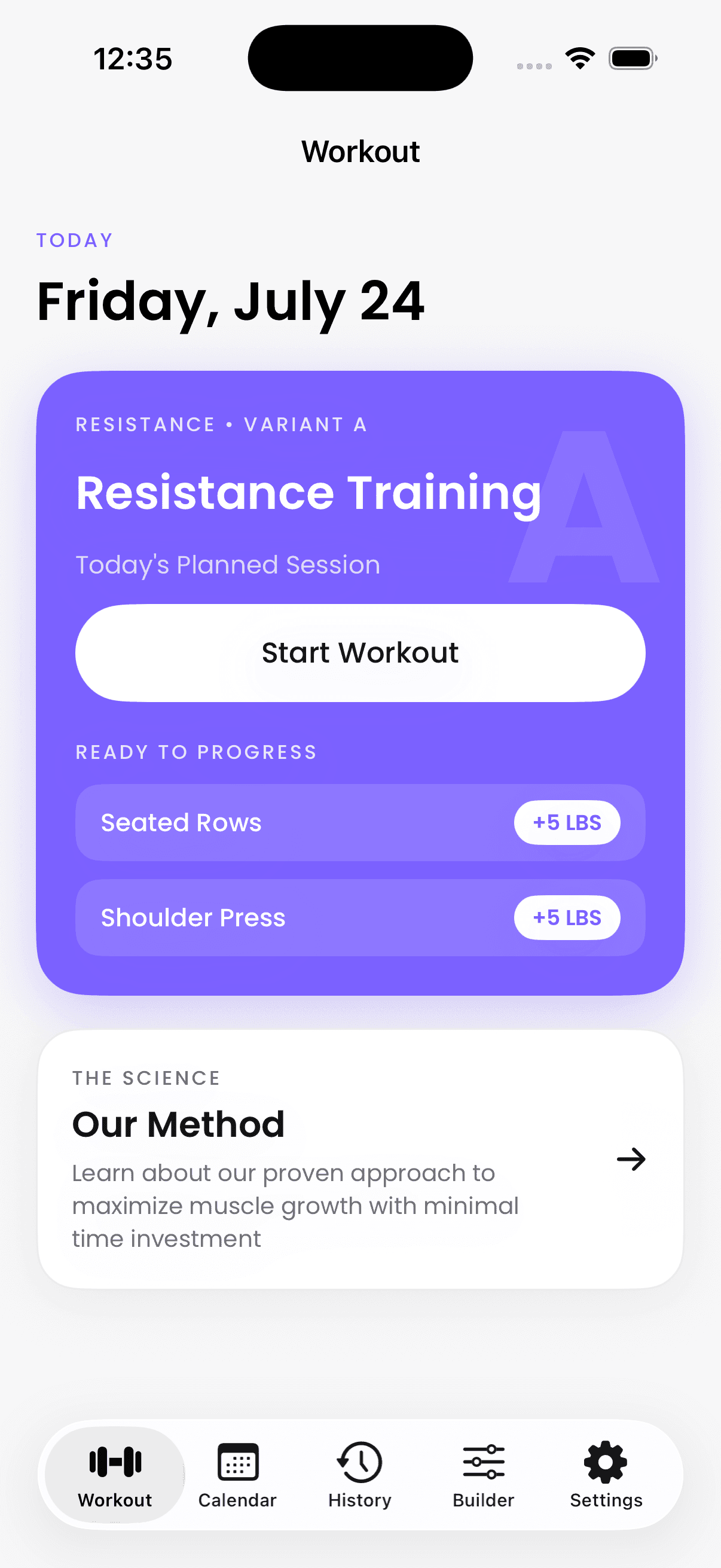 Better Reps planned workout home screen