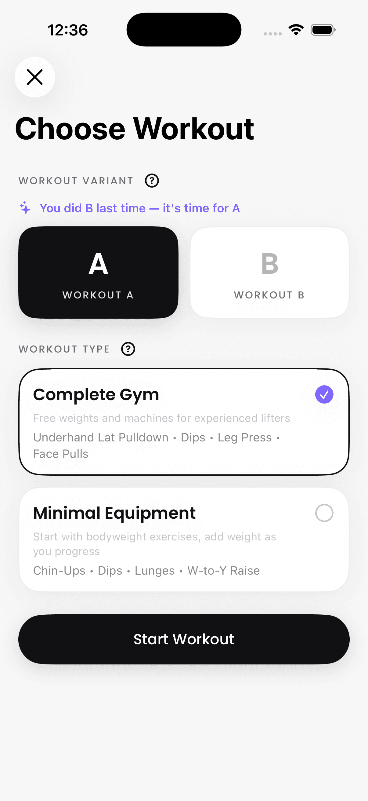 Choose between full-body Workout A and Workout B