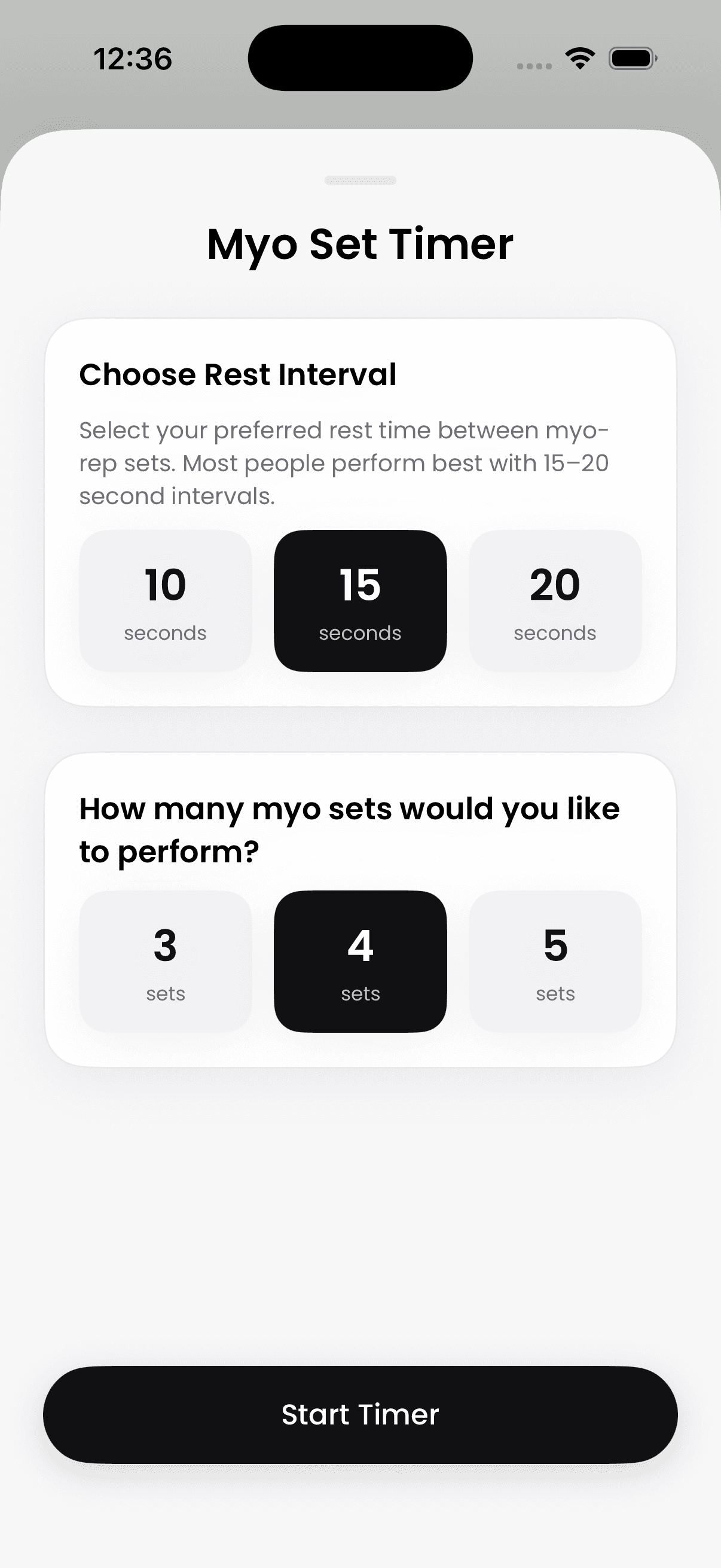 Myo Set Timer with configurable rest and set options