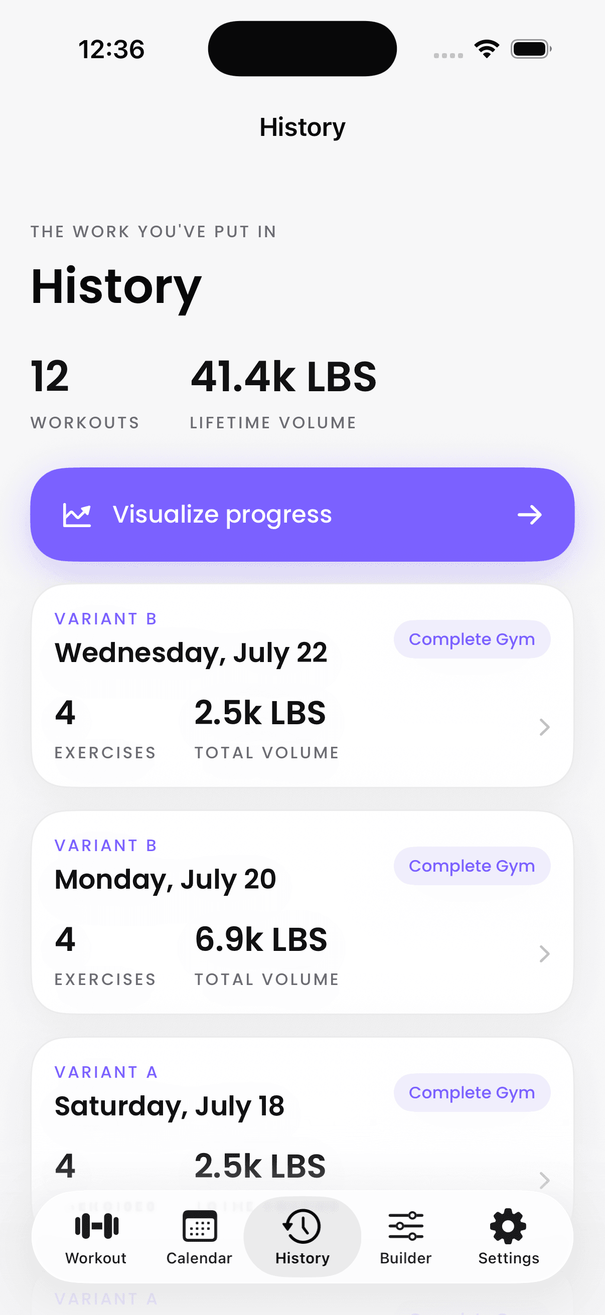 Workout history and total training volume